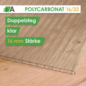 Polycarbonat Doppelstegplatte 16/32 - 2-fach - klar- 16 mm stark
