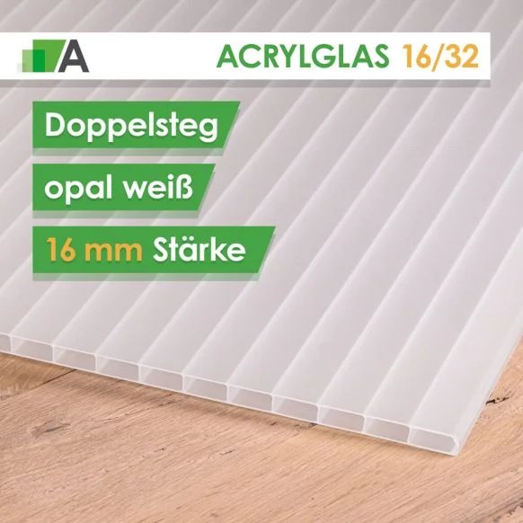 Acrylglas Doppelstegplatte opal weiß 16/32, 16 mm stark, 2-fach
