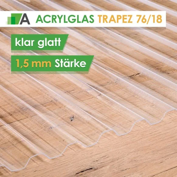 Acrylglas Wellplatten Trapez 76/18 - klar glatt - 1,5 mm stark - 1045 mm Breit